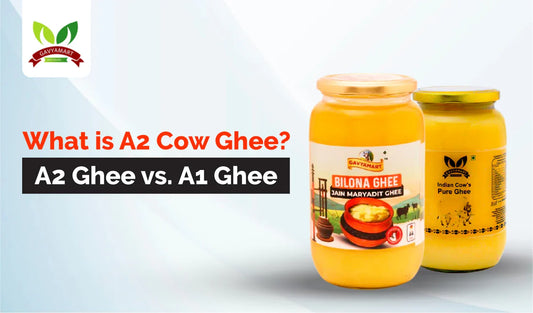 Two jars of A2 and A1 cow ghee with labels and branding