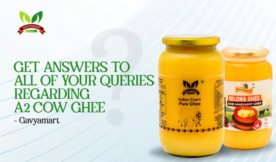Two jars of A2 cow ghee with labels from Gavyamart.