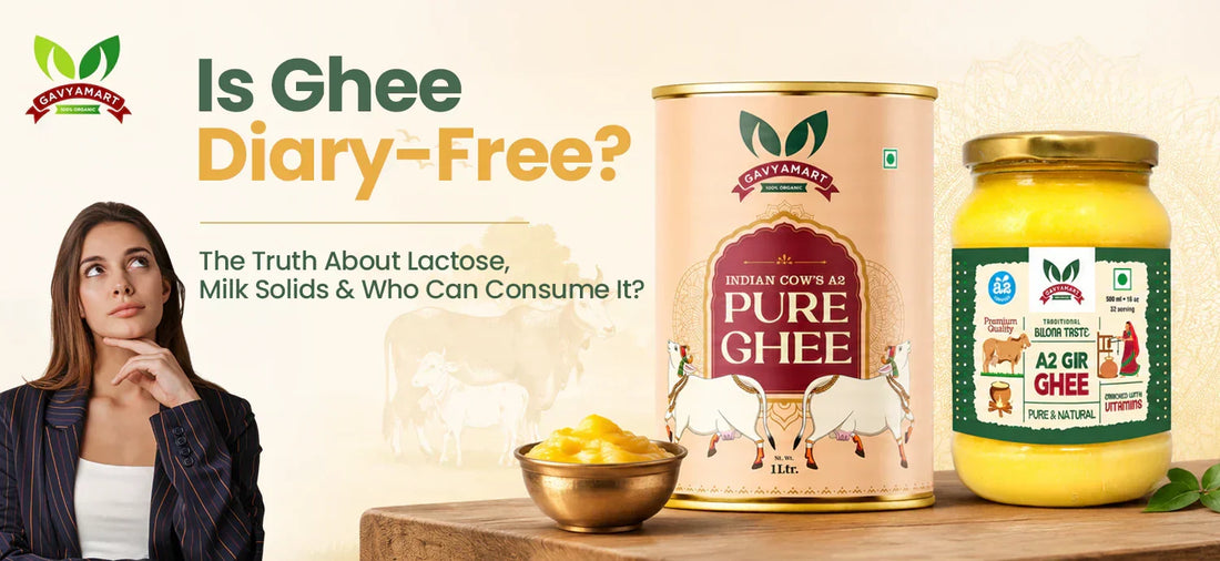 A woman pondering next to containers of A2 ghee and pure ghee, with a green background.