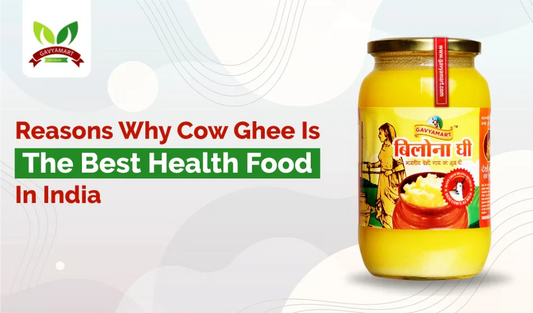Jar of cow ghee with label and logo on a stylized background