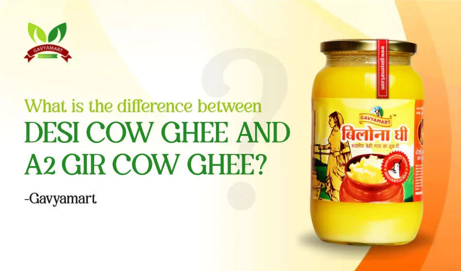 Jar of GavyaMart Desi Cow Ghee with label, against a colorful background