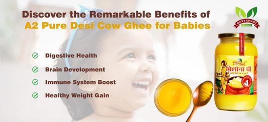 Happy child smiling with A2 pure desi cow ghee jar and wooden spoon