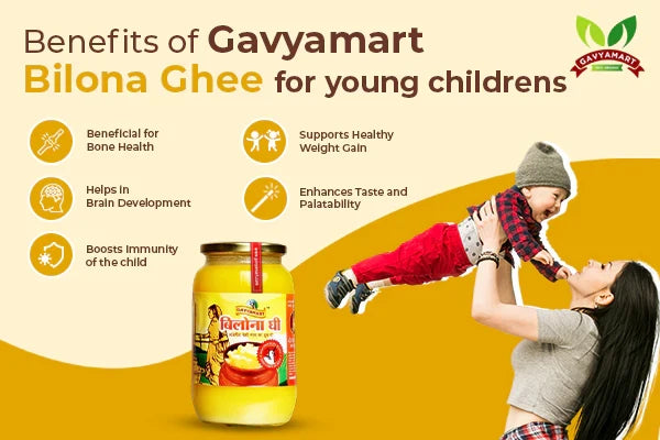 Graphic illustrating the benefits of Gavyamart A2 Bilona Ghee for young children with a jar and a mother holding a child.
