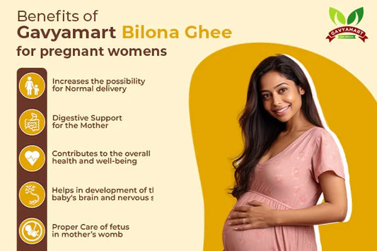 Pregnant woman smiling while holding her abdomen, with benefits of ghee listed beside her.
